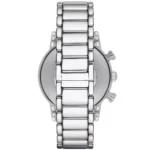 Side view of a silver stainless steel wristwatch, showing the linked band and the watch case with crown and pushers