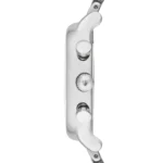 Side view of a polished silver wristwatch case with crown and two pushers on a metal bracelet edge