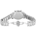 Stainless steel wristwatch shown from the back, with a metal link band and deployment clasp closed.