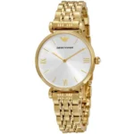 Gold-tone Emporio Armani wristwatch with white dial, gold hands, and Roman numeral markers.