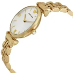 Gold wristwatch with a white dial and gold Roman numerals, link bracelet, angled to showcase the case and crown.