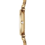 Side view of a gold wristwatch with a slim case and linked bracelet, crown visible on the side.