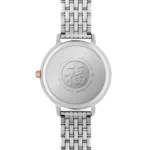 ar2515-emporio-armani-watch-men-mother-of-pearl-white-dial-stainless-steel-metal-silver-rose-gold-strap-quartz-battery-analog-kappa-mini_4 Back of a stainless steel wristwatch with a round case and linked bracelet, featuring engraved circular text and a central Chinese character ornament.