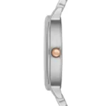 ar2515-emporio-armani-watch-men-mother-of-pearl-white-dial-stainless-steel-metal-silver-rose-gold-strap-quartz-battery-analog-kappa-mini_5 Side view of a silver stainless steel wristwatch with a rose-gold crown visible on the side, showing the linked bracelet edge.