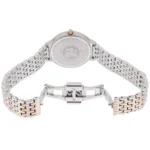 ar2515-emporio-armani-watch-men-mother-of-pearl-white-dial-stainless-steel-metal-silver-rose-gold-strap-quartz-battery-analog-kappa-mini_6 Back view of a two-tone metal wristwatch with a silver and rose-gold bracelet and an open deployment clasp.