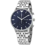 Emporio Armani stainless steel wristwatch with a blue dial and three subdials, date window, and metal link bracelet