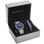 Emporio Armani watch with blue dial and metal bracelet in a black-lined gift box with a matching blue bracelet.