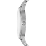 Side view of a silver stainless steel wristwatch with a polished case and winged emblem on the crown.
