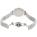 Silver stainless steel wristwatch with chain link band and fold-over deployment clasp, photographed from the back showing the case back and crown.