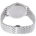 Back view of a silver stainless steel wristwatch with a multi-link bracelet and crown on top.