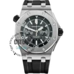 audemars-piguet-automatic-watch-balck-dial-rubber-strap-men-high-premium-quality Audemars Piguet Royal Oak Offshore chronograph wristwatch with a brushed stainless steel case, black dial, and black rubber strap.