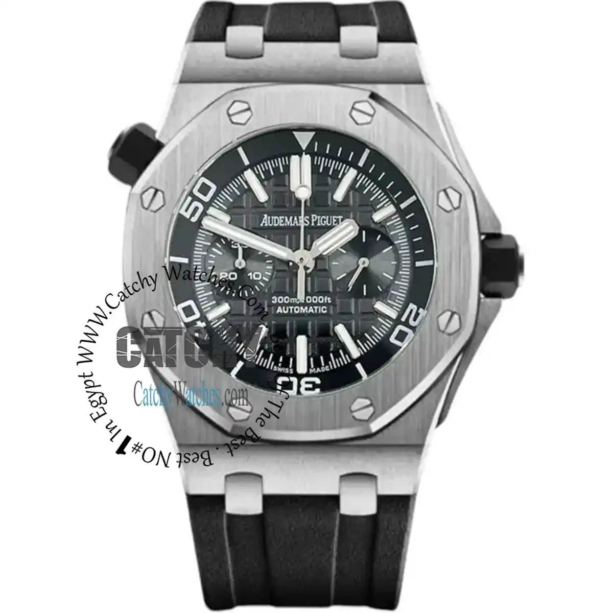 Audemars Piguet Royal Oak Offshore chronograph wristwatch with a brushed stainless steel case, black dial, and black rubber strap.