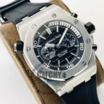 audemars-piguet-automatic-watch-balck-dial-rubber-strap-men-high-premium-quality_2 Audemars Piguet Royal Oak Offshore chronograph in a brushed steel case with a black dial and black rubber strap on a beige display cushion.