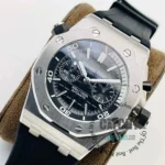 audemars-piguet-automatic-watch-balck-dial-rubber-strap-men-high-premium-quality_5 Stainless steel Audemars Piguet Royal Oak chronograph with black dial, three subdials, and a rubber strap.