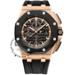 audemars-piguet-royal-oak-offshore-chronograph-26401RO.OO.A002CA.02-balck-dial Rose gold Audemars Piguet Royal Oak Offshore chronograph watch with a black bezel, textured black dial, three subdials, date at 3, and a black rubber strap.