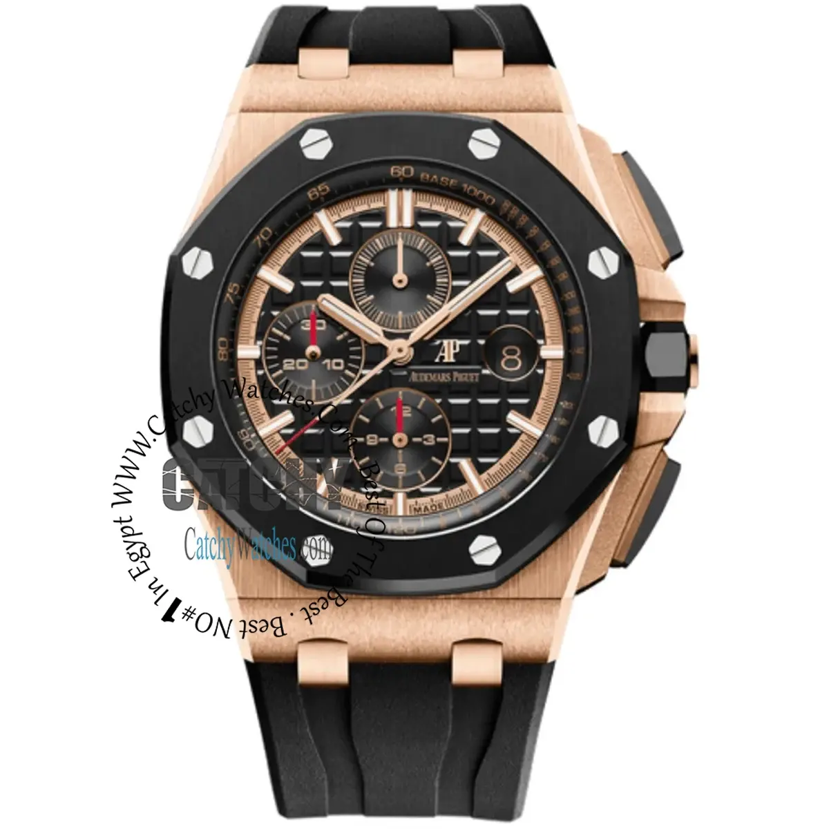 Rose gold Audemars Piguet Royal Oak Offshore chronograph watch with a black bezel, textured black dial, three subdials, date at 3, and a black rubber strap.