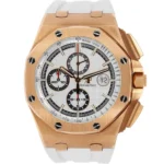 Audemars Piguet Royal Oak Offshore chronograph watch with a rose-gold case, white dial, and white strap.