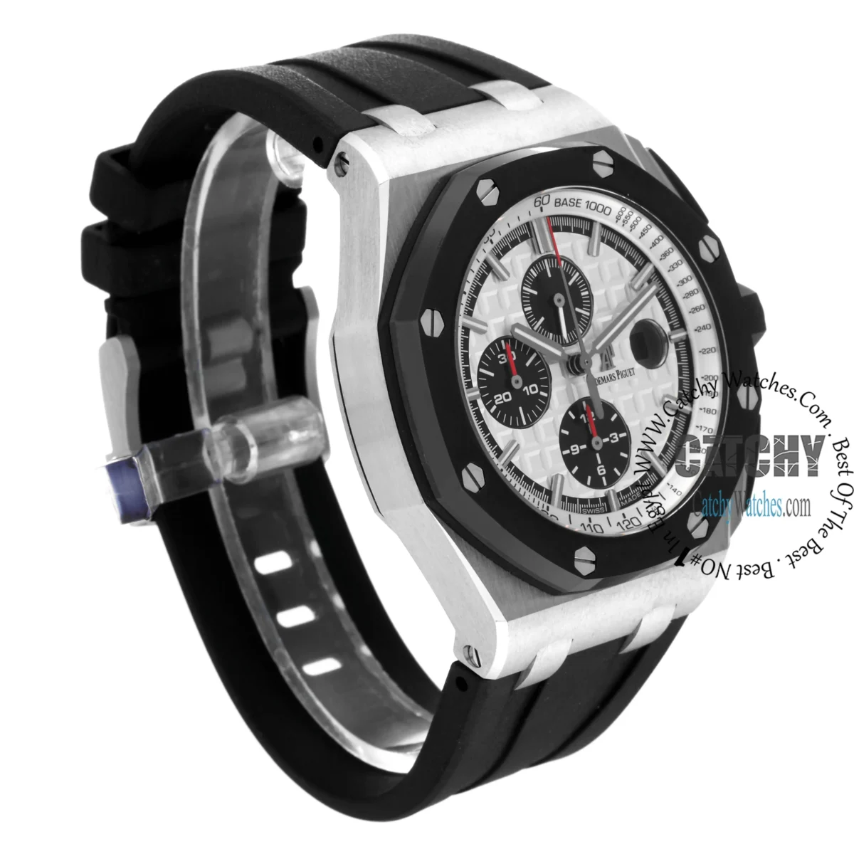 Close-up of a stainless steel sport watch with a black strap and multiple subdials on the face.