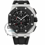 audemars-piguet-watch-battery-diver-for-men-silver-metal-case Audemars Piguet Royal Oak Offshore chronograph watch with black dial, three subdials, and a black rubber strap.