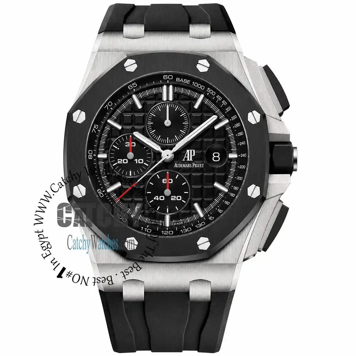 Audemars Piguet Royal Oak Offshore chronograph watch with black dial, three subdials, and a black rubber strap.