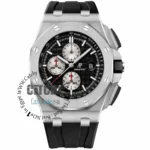 audemars-piguet-watch-battery-for-men-silver-metal-case-silver-chronograph Audemars Piguet Royal Oak Offshore chronograph watch with black textured dial, three subdials, date window at 3 o'clock, and a black rubber strap.