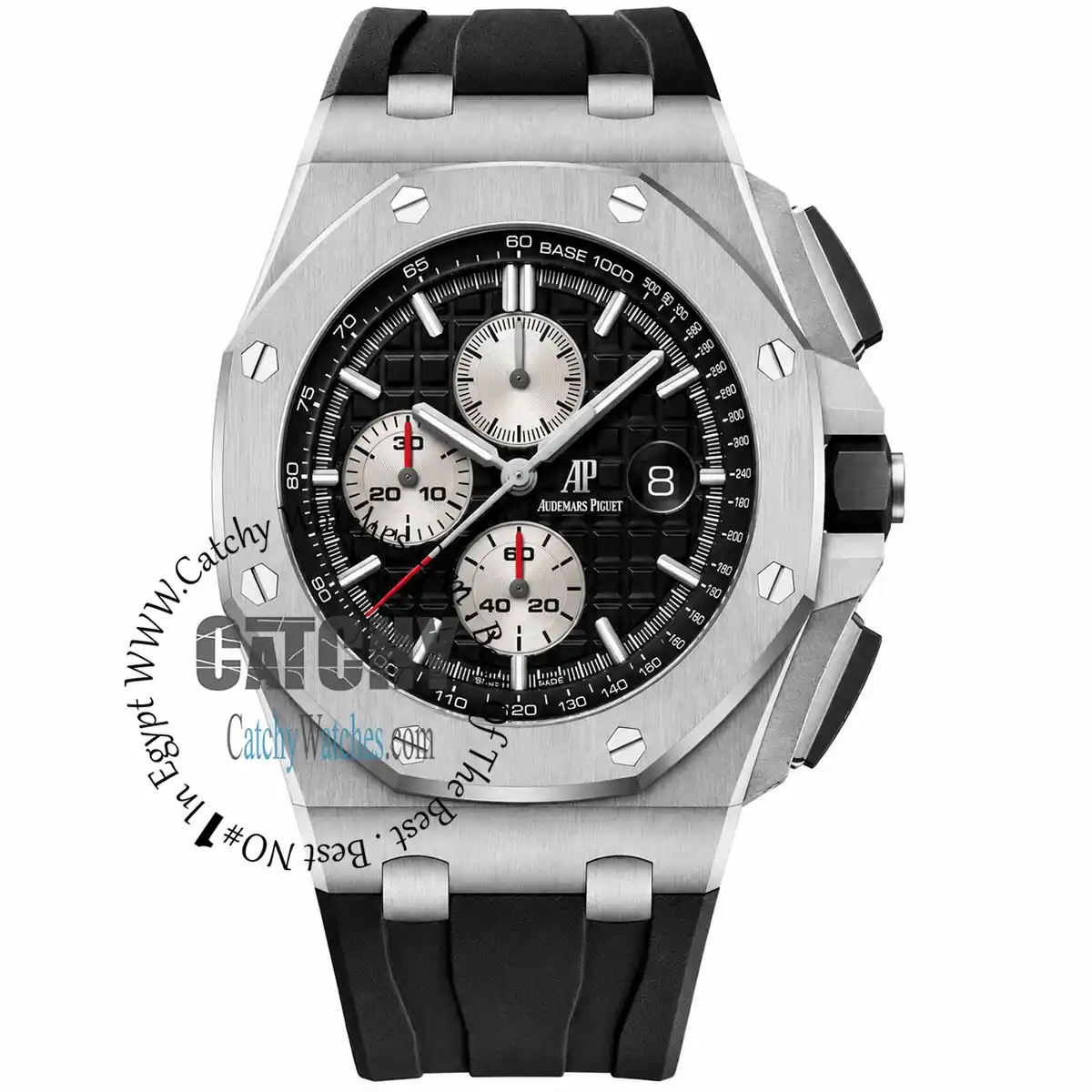 Audemars Piguet Royal Oak Offshore chronograph watch with black textured dial, three subdials, date window at 3 o'clock, and a black rubber strap.
