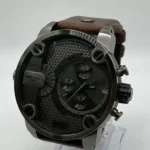 Diesel men's chronograph watch with a textured dark dial, metal case, and brown leather strap