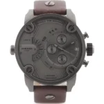 Diesel men's multi-dial wristwatch with a gray face, brown leather strap, and a large metal case featuring multiple subdials and a date window at 3 o'clock.