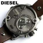 Diesel men's metallic chronograph watch with brown leather strap and textured dial.