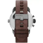 Back view of a Diesel wristwatch with a brown leather strap and a metal clasp showing the Diesel logo on the clasp.