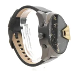 dz7377-original-diesel-watch-balck-leather-strap_2 Men's Diesel wristwatch with gray case, black dial with gold subdials, and a black strap with a gold buckle.