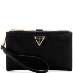 Black textured Guess wristlet clutch with a gold-tone zipper and short wrist strap, front logo triangle.