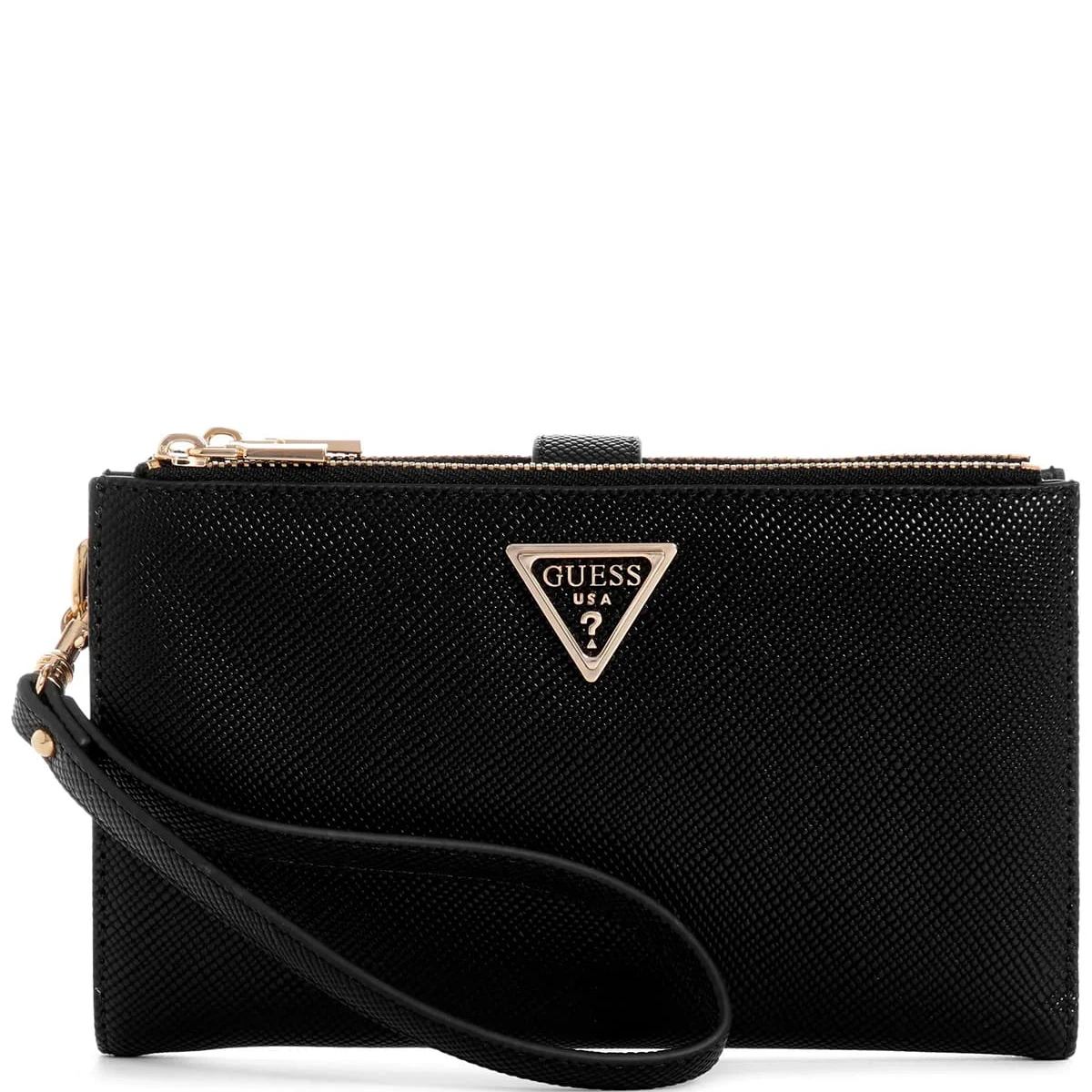 Black textured Guess wristlet clutch with a gold-tone zipper and short wrist strap, front logo triangle.
