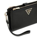 Black textured Guess wristlet with gold zippers and a small strap, featuring a gold triangular Guess logo plate on the front