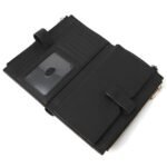 Open black leather wallet showing card slots, an ID window, and a zippered coin pocket on the side.