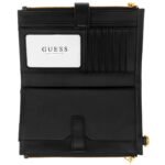 Black leather Guess wallet/cardholder with multiple card slots, an ID window, and gold-tone zippers.