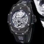 Skeleton wristwatch with exposed gears and a black case on a dark strap, showing intricate movement through a transparent dial.