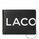Black leather wallet with oversized white 'LACO' text on the front edge-to-edge.