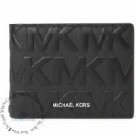Black Michael Kors wallet with embossed MK pattern and white Michael Kors logo on front