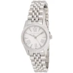 Silver Michael Kors women's watch with a metal link bracelet and white dial showing Roman numerals and minute markers