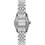 Back view of a silver Michael Kors watch with a metal link bracelet and clasp engraved 'MICHAEL KORS'
