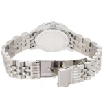 Silver stainless steel Michael Kors watch with link bracelet, shown from the back with deployment clasp labeled MICHAEL KORS