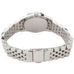 Back view of a silver Michael Kors wristwatch with a metal link bracelet and deployment clasp.
