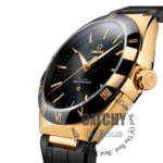 omega-constellation-co-axial-master-chronometer-41-mm-leather-strap-automatic_2 Omega Constellation wristwatch with black dial and gold case (close-up)