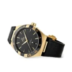 omega-constellation-co-axial-master-chronometer-41-mm-leather-strap-automatic_3 Gold and black Omega wristwatch with Roman numeral bezel and black leather strap, showing date window.