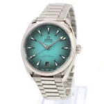 omega-seamaster-aqua-terra-150m-co-axial-master-chronometer-41-mm-automatic-terquaze-dial_5 Omega Seamaster stainless steel watch with teal gradient dial, date window at 6, and matching metal bracelet.