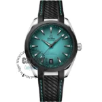 omega-seamaster-aqua-terra-150m-co-axial-master-chronometer-41mm-automatic-men Omega Seamaster Co-Axial Master Chronometer wristwatch with teal dial and black textured strap.