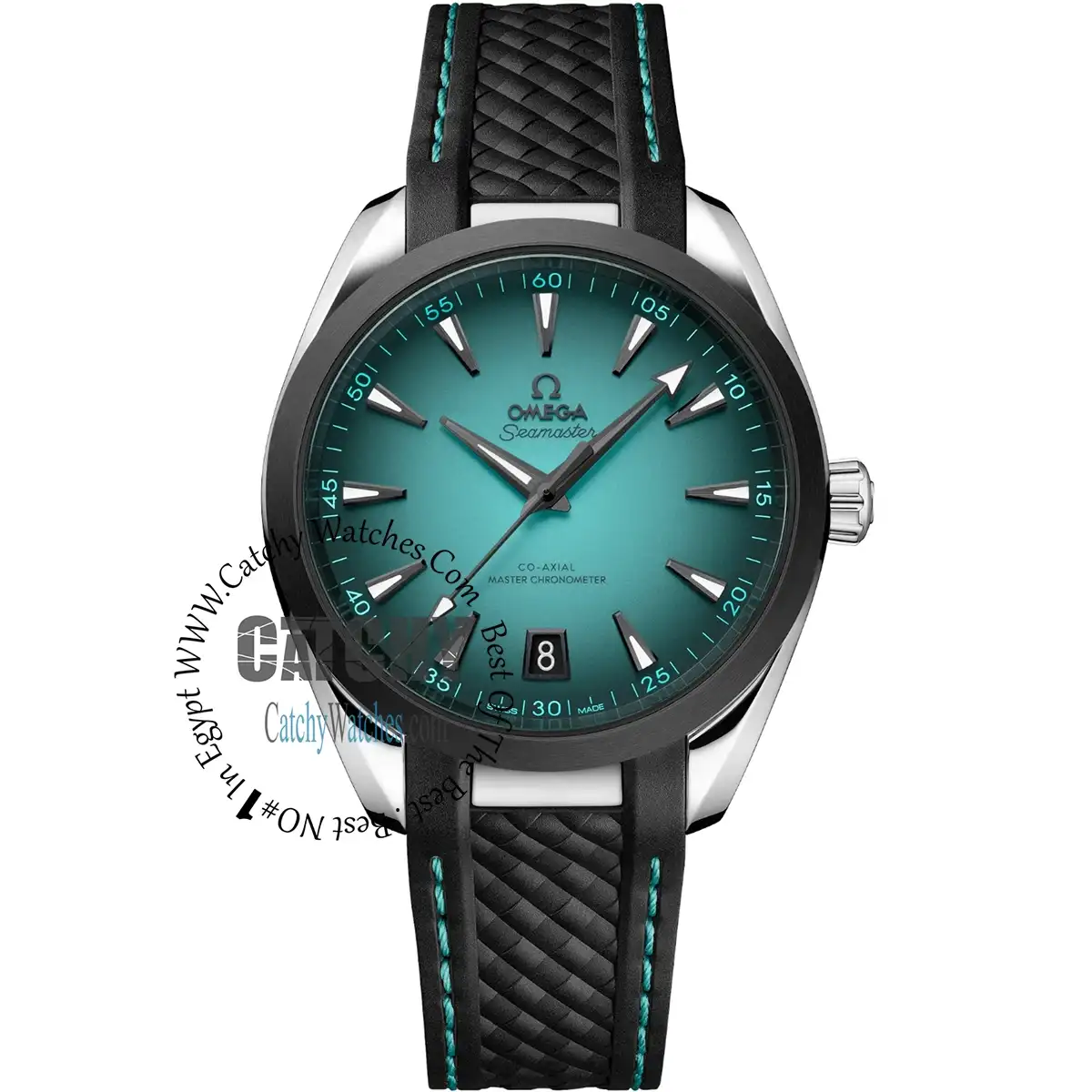 Omega Seamaster Co-Axial Master Chronometer wristwatch with teal dial and black textured strap.