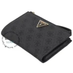 Black wallet with an allover pattern and a gold triangular Guess logo on the front