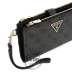 Black Guess wallet with dual gold zippers, textured pattern, and a detachable wrist strap.